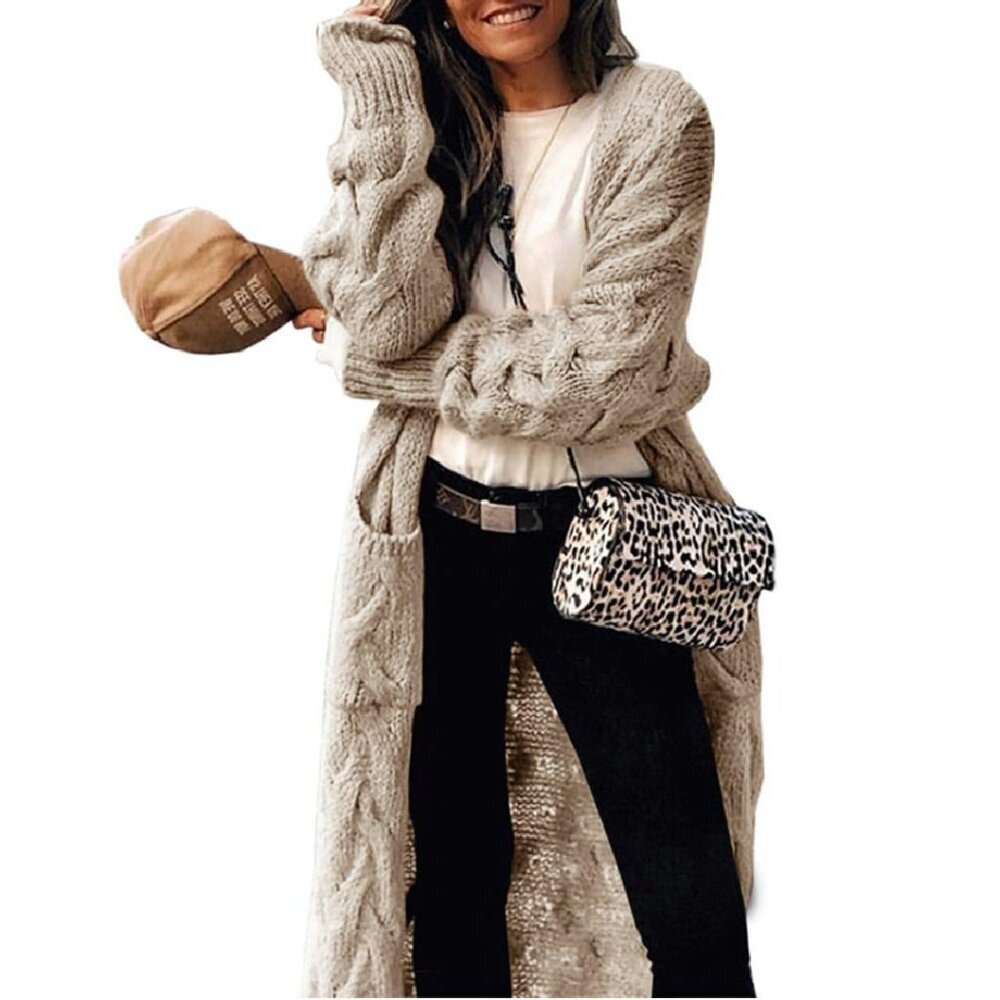 Long Cable Knit Cardigan Sweater with Pockets, Open Front, Loose Fit